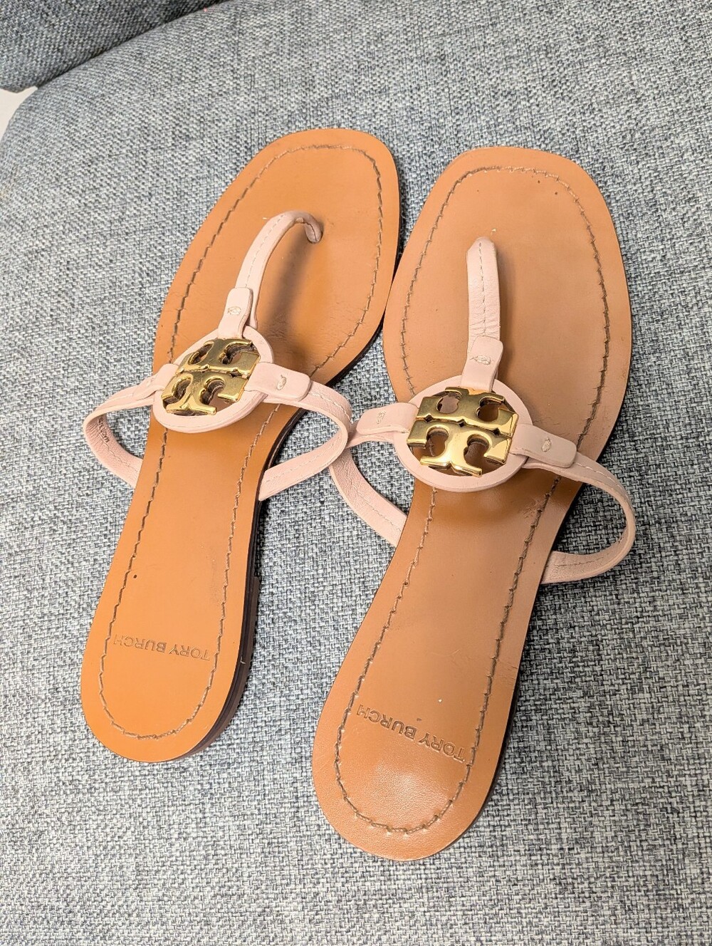 Tory Burch Blush Leather Miller Thong Sandals with Gold Logo